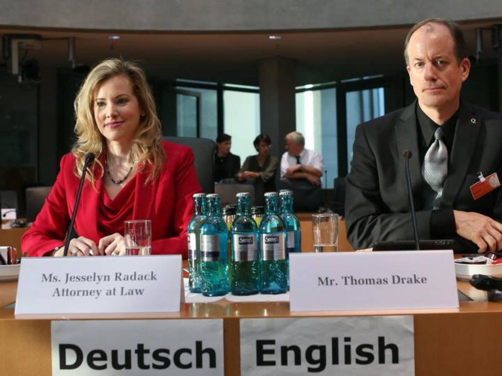Photo of Jesselyn Radack & Thomas Drake about to testify before the German parliament